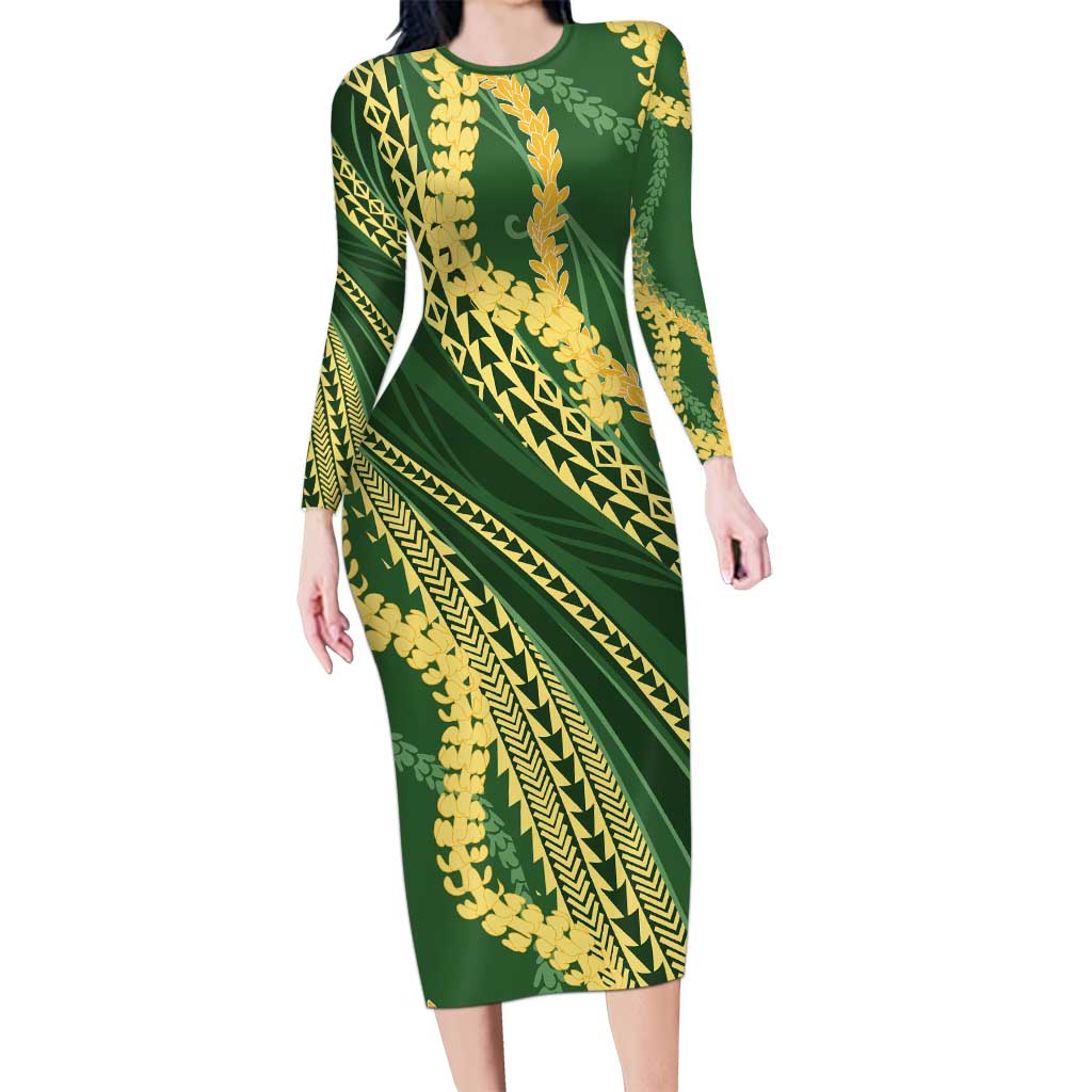 Polynesian Puakeniken Pikake Twisted Lei Long Sleeve Bodycon Dress Emerald - Polynesian Pride