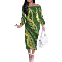Polynesian Puakeniken Pikake Twisted Lei Off The Shoulder Long Sleeve Dress Emerald - Polynesian Pride