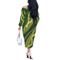 Polynesian Puakeniken Pikake Twisted Lei Off The Shoulder Long Sleeve Dress Emerald - Polynesian Pride