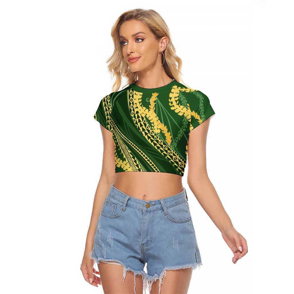 Polynesian Puakeniken Pikake Twisted Lei Raglan Cropped T Shirt Emerald LT7 Female Emerald - Polynesian Pride