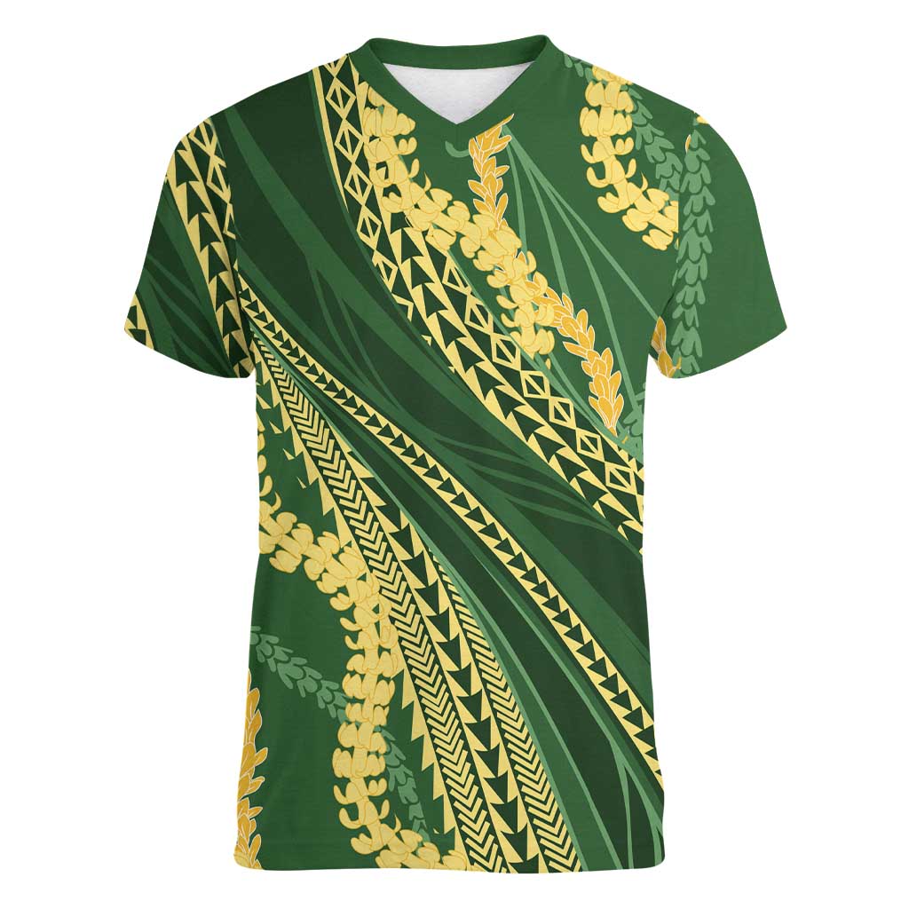 Polynesian Puakeniken Pikake Twisted Lei Women V-Neck T-Shirt Emerald - Polynesian Pride