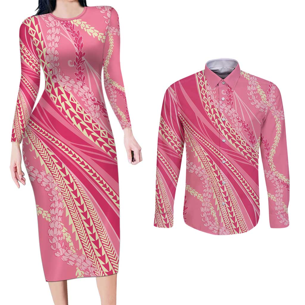 Polynesian Puakeniken Pikake Twisted Lei Couples Matching Long Sleeve Bodycon Dress and Long Sleeve Button Shirt Rose Pink LT7 Rose Pink - Polynesian Pride