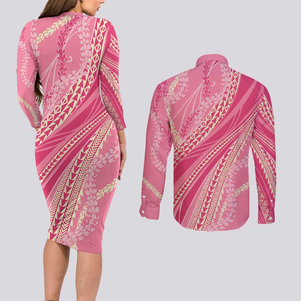 Polynesian Puakeniken Pikake Twisted Lei Couples Matching Long Sleeve Bodycon Dress and Long Sleeve Button Shirt Rose Pink LT7 - Polynesian Pride