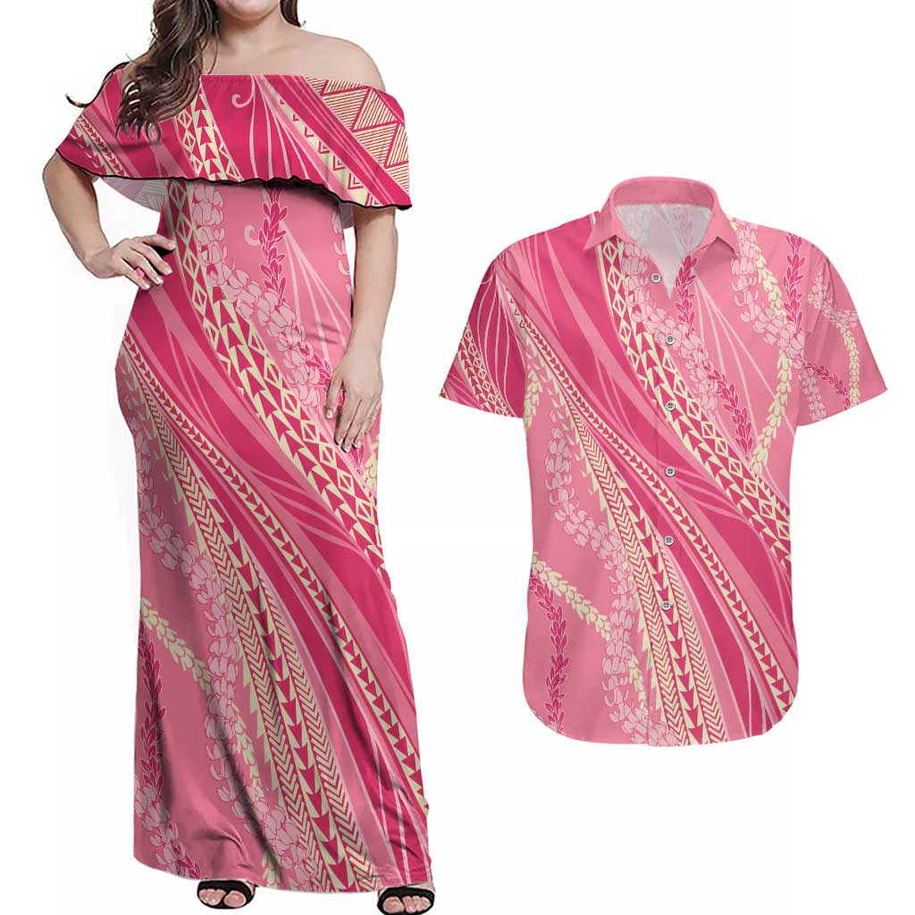 Polynesian Puakeniken Pikake Twisted Lei Couples Matching Off Shoulder Maxi Dress and Hawaiian Shirt Rose Pink - Polynesian Pride