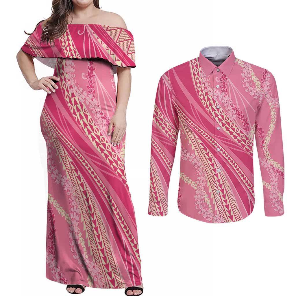 Polynesian Puakeniken Pikake Twisted Lei Couples Matching Off Shoulder Maxi Dress and Long Sleeve Button Shirt Rose Pink LT7 Rose Pink - Polynesian Pride