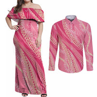 Polynesian Puakeniken Pikake Twisted Lei Couples Matching Off Shoulder Maxi Dress and Long Sleeve Button Shirt Rose Pink LT7 Rose Pink - Polynesian Pride