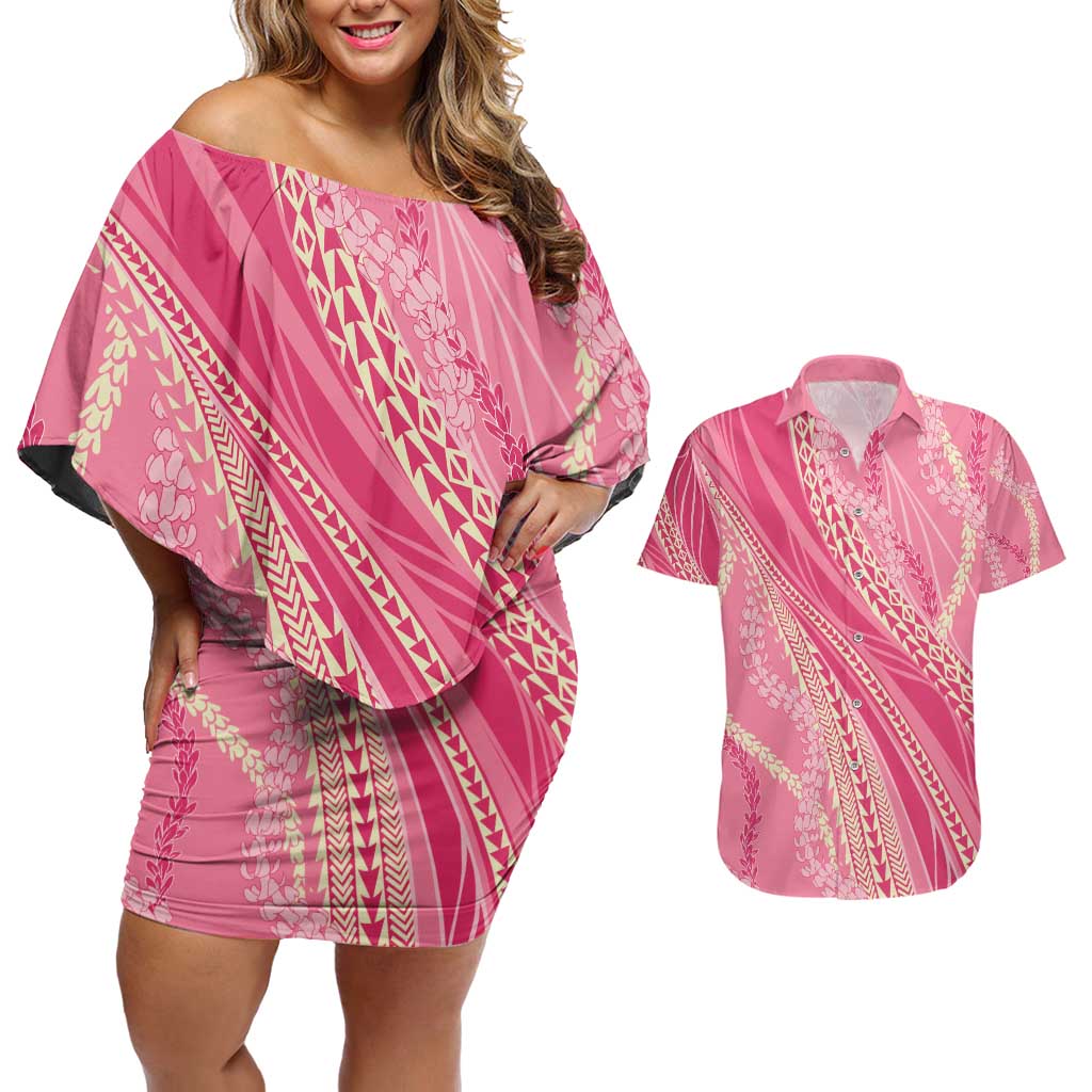 Polynesian Puakeniken Pikake Twisted Lei Couples Matching Off Shoulder Short Dress and Hawaiian Shirt Rose Pink - Polynesian Pride