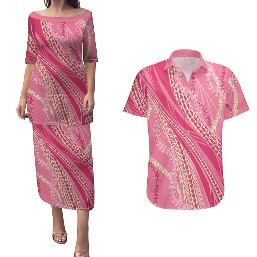 Polynesian Puakeniken Pikake Twisted Lei Couples Matching Puletasi and Hawaiian Shirt Rose Pink LT7 Rose Pink - Polynesian Pride