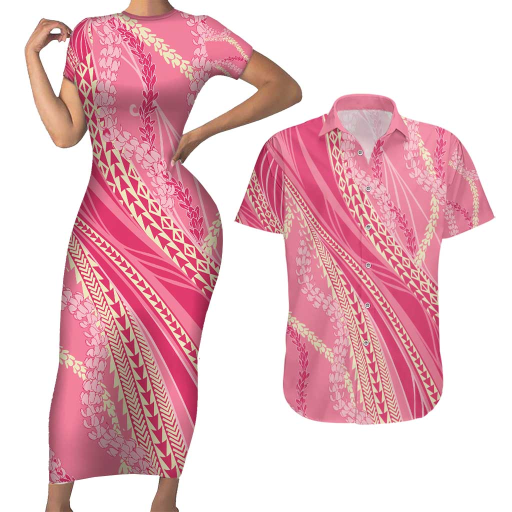 Polynesian Puakeniken Pikake Twisted Lei Couples Matching Short Sleeve Bodycon Dress and Hawaiian Shirt Rose Pink - Polynesian Pride