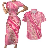 Polynesian Puakeniken Pikake Twisted Lei Couples Matching Short Sleeve Bodycon Dress and Hawaiian Shirt Rose Pink - Polynesian Pride