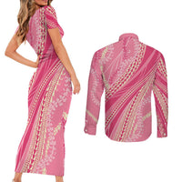 Polynesian Puakeniken Pikake Twisted Lei Couples Matching Short Sleeve Bodycon Dress and Long Sleeve Button Shirt Rose Pink LT7 - Polynesian Pride