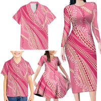 Polynesian Puakeniken Pikake Twisted Lei Family Matching Long Sleeve Bodycon Dress and Hawaiian Shirt Rose Pink - Polynesian Pride