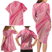 Polynesian Puakeniken Pikake Twisted Lei Family Matching Long Sleeve Bodycon Dress and Hawaiian Shirt Rose Pink - Polynesian Pride