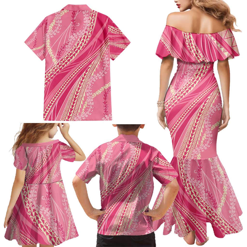 Polynesian Puakeniken Pikake Twisted Lei Family Matching Mermaid Dress and Hawaiian Shirt Rose Pink - Polynesian Pride