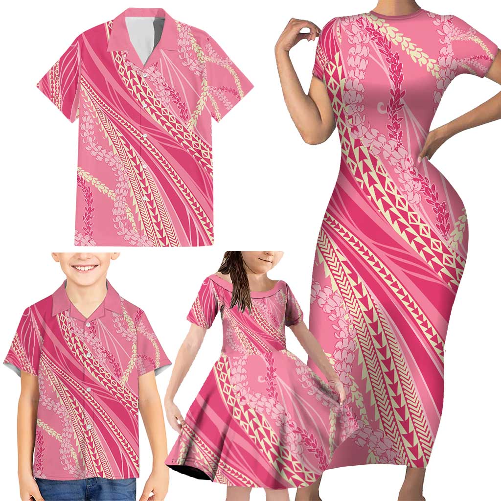 Polynesian Puakeniken Pikake Twisted Lei Family Matching Short Sleeve Bodycon Dress and Hawaiian Shirt Rose Pink - Polynesian Pride