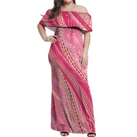 Polynesian Puakeniken Pikake Twisted Lei Off Shoulder Maxi Dress Rose Pink - Polynesian Pride