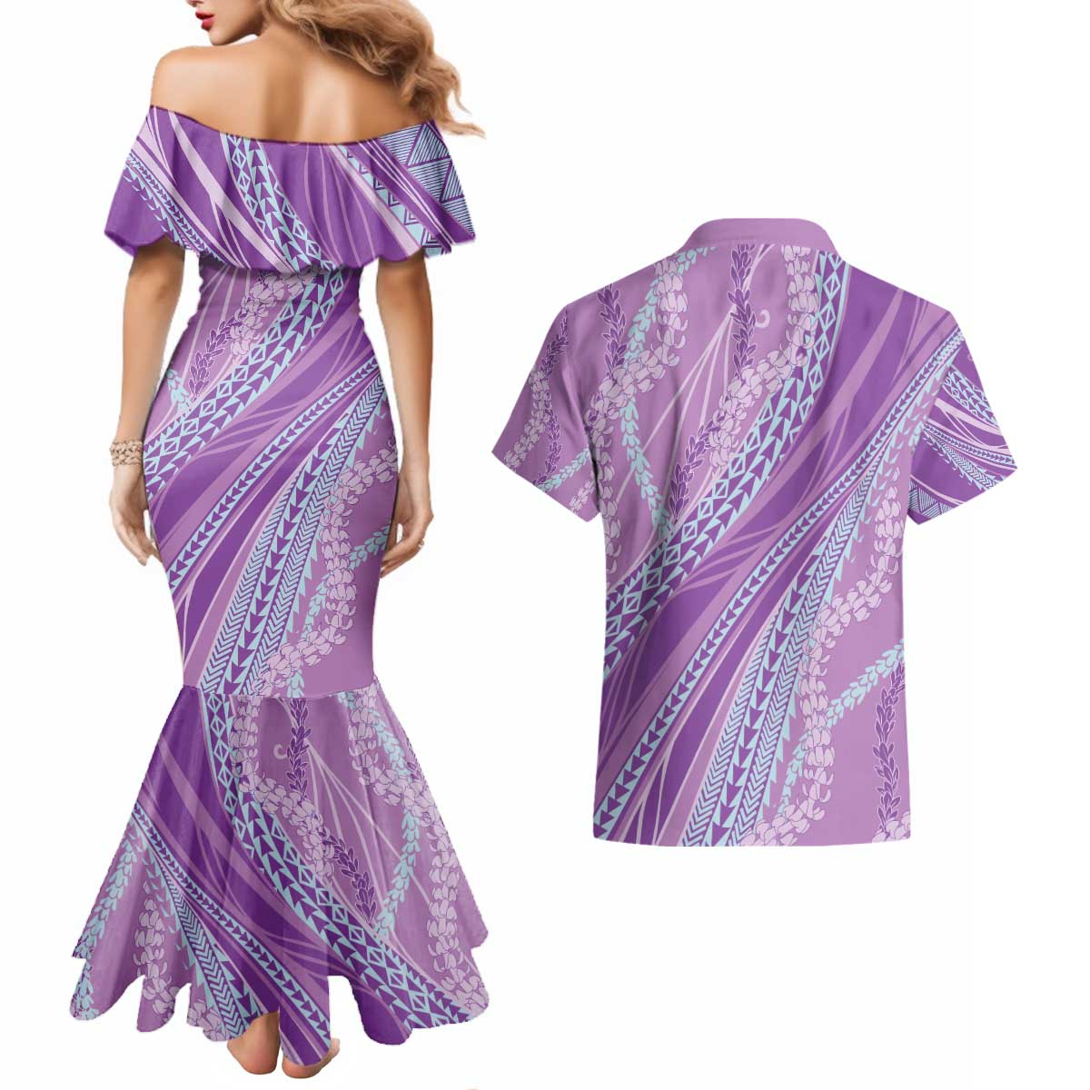 Polynesian Puakeniken Pikake Twisted Lei Couples Matching Mermaid Dress and Hawaiian Shirt Amethys - Polynesian Pride
