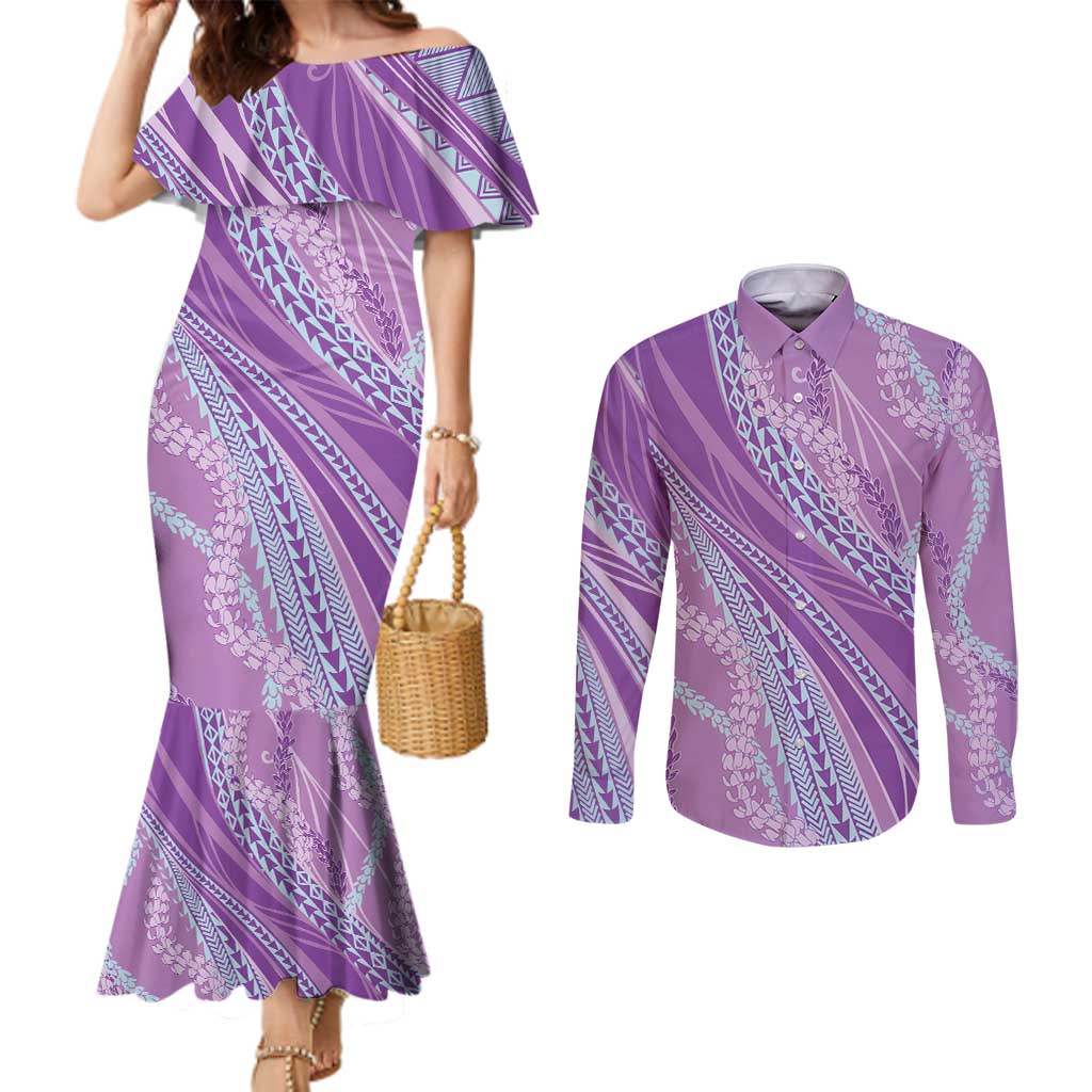 Polynesian Puakeniken Pikake Twisted Lei Couples Matching Mermaid Dress and Long Sleeve Button Shirt Amethys LT7 Amethys - Polynesian Pride