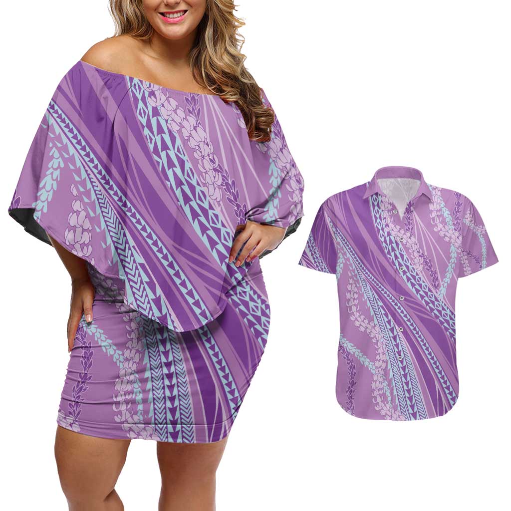 Polynesian Puakeniken Pikake Twisted Lei Couples Matching Off Shoulder Short Dress and Hawaiian Shirt Amethys - Polynesian Pride