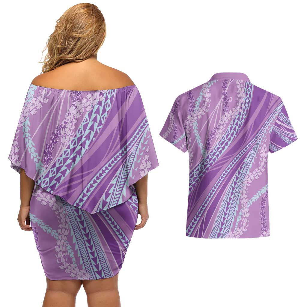 Polynesian Puakeniken Pikake Twisted Lei Couples Matching Off Shoulder Short Dress and Hawaiian Shirt Amethys - Polynesian Pride