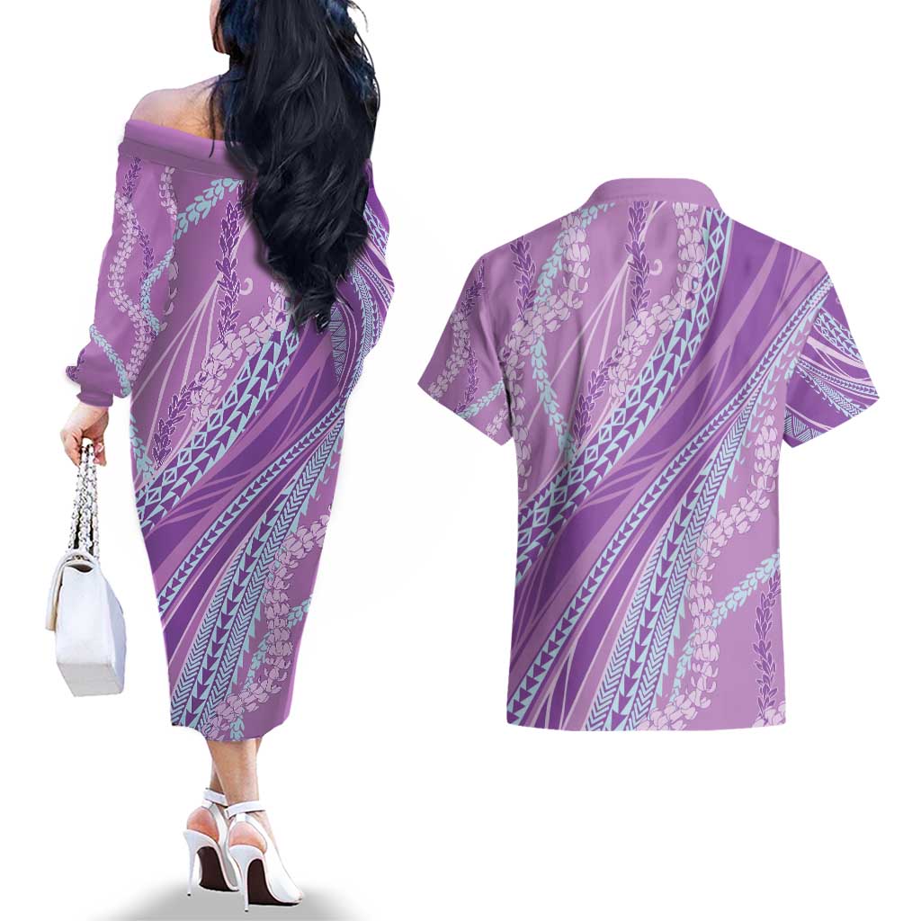 Polynesian Puakeniken Pikake Twisted Lei Couples Matching Off The Shoulder Long Sleeve Dress and Hawaiian Shirt Amethys - Polynesian Pride