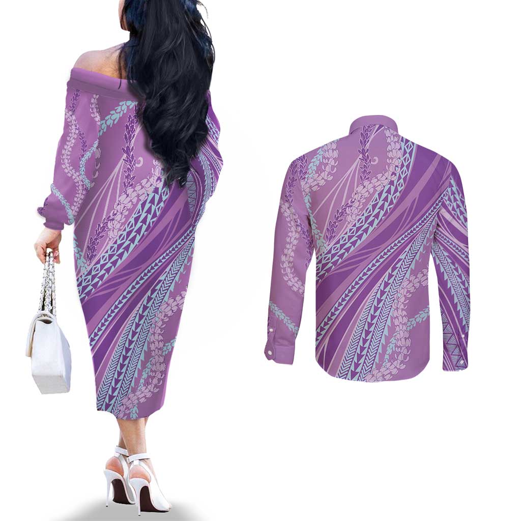 Polynesian Puakeniken Pikake Twisted Lei Couples Matching Off The Shoulder Long Sleeve Dress and Long Sleeve Button Shirt Amethys LT7 - Polynesian Pride