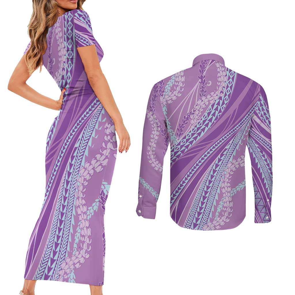 Polynesian Puakeniken Pikake Twisted Lei Couples Matching Short Sleeve Bodycon Dress and Long Sleeve Button Shirt Amethys - Polynesian Pride