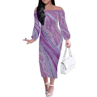 Polynesian Puakeniken Pikake Twisted Lei Family Matching Off The Shoulder Long Sleeve Dress and Hawaiian Shirt Amethys - Polynesian Pride