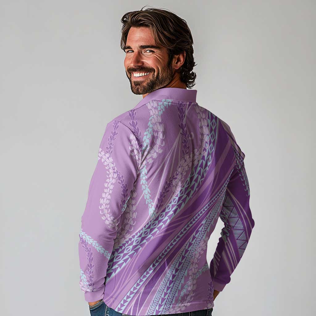 Polynesian Puakeniken Pikake Twisted Lei Long Sleeve Polo Shirt Amethys - Polynesian Pride