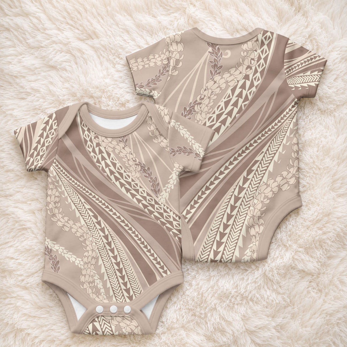 Polynesian Puakeniken Pikake Twisted Lei Baby Onesie Beige