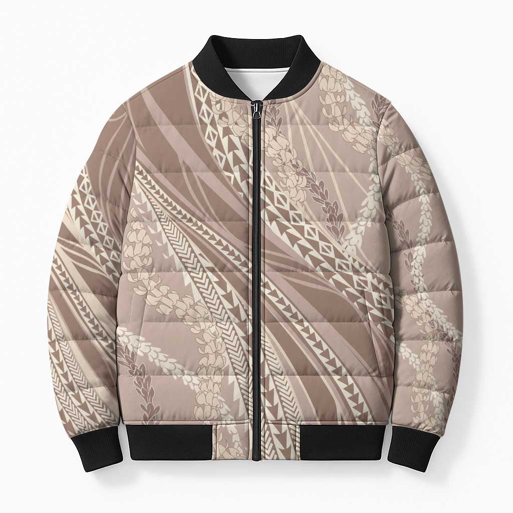 Polynesian Puakeniken Pikake Twisted Lei Bomber Puffer Jacket Beige LT7 Unisex Beige - Polynesian Pride