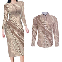 Polynesian Puakeniken Pikake Twisted Lei Couples Matching Long Sleeve Bodycon Dress and Long Sleeve Button Shirt Beige LT7 Beige - Polynesian Pride