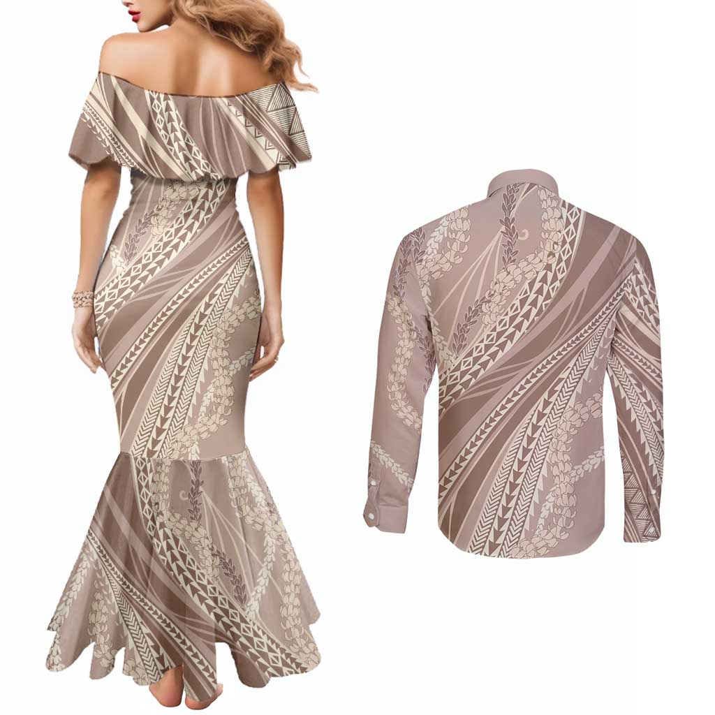 Polynesian Puakeniken Pikake Twisted Lei Couples Matching Mermaid Dress and Long Sleeve Button Shirt Beige LT7 - Polynesian Pride
