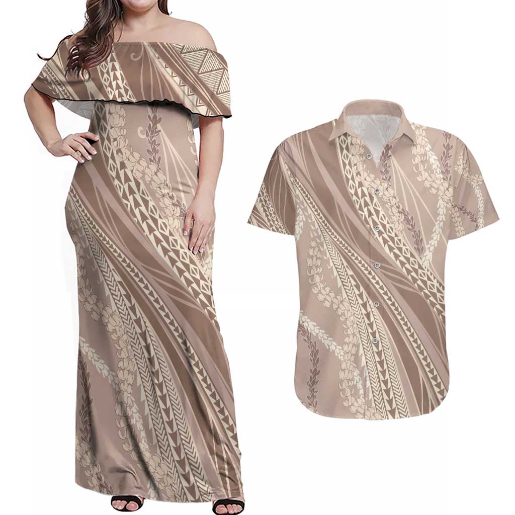 Polynesian Puakeniken Pikake Twisted Lei Couples Matching Off Shoulder Maxi Dress and Hawaiian Shirt Beige - Polynesian Pride