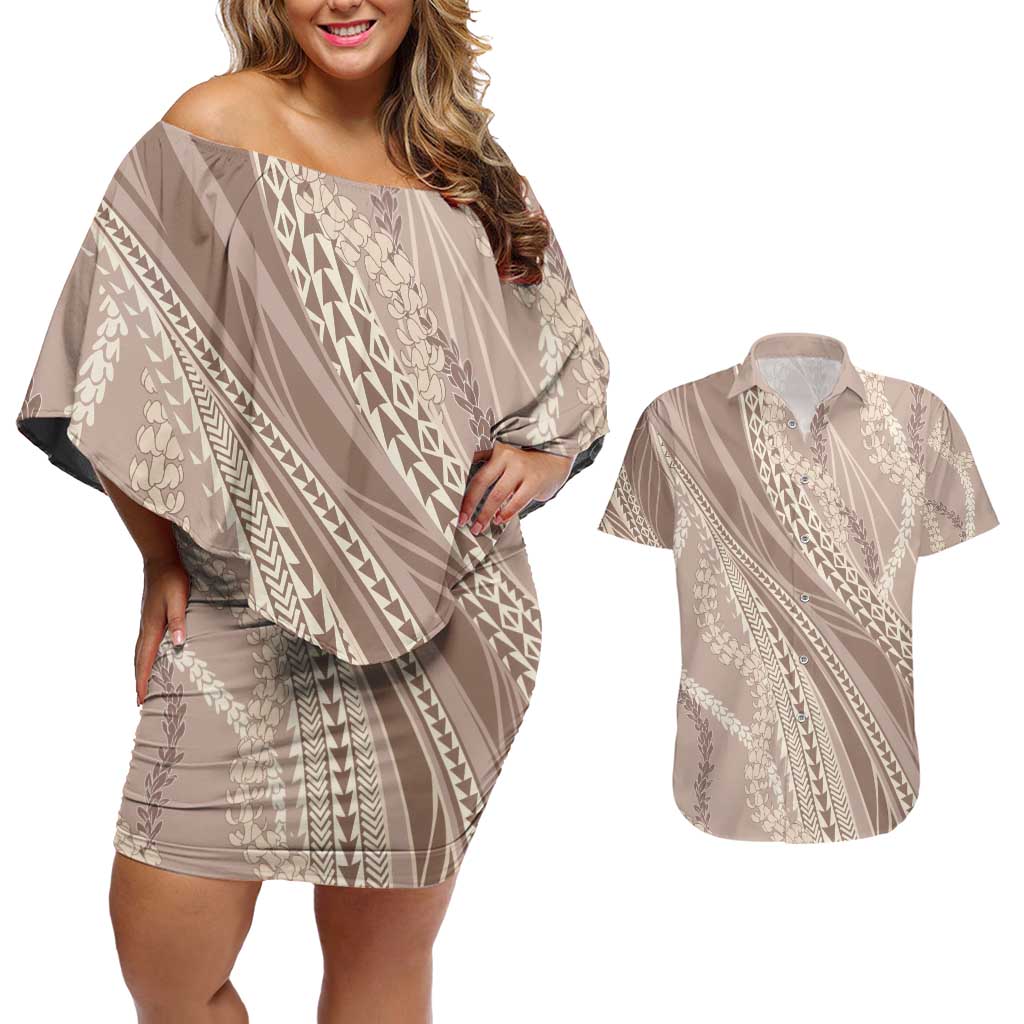 Polynesian Puakeniken Pikake Twisted Lei Couples Matching Off Shoulder Short Dress and Hawaiian Shirt Beige - Polynesian Pride