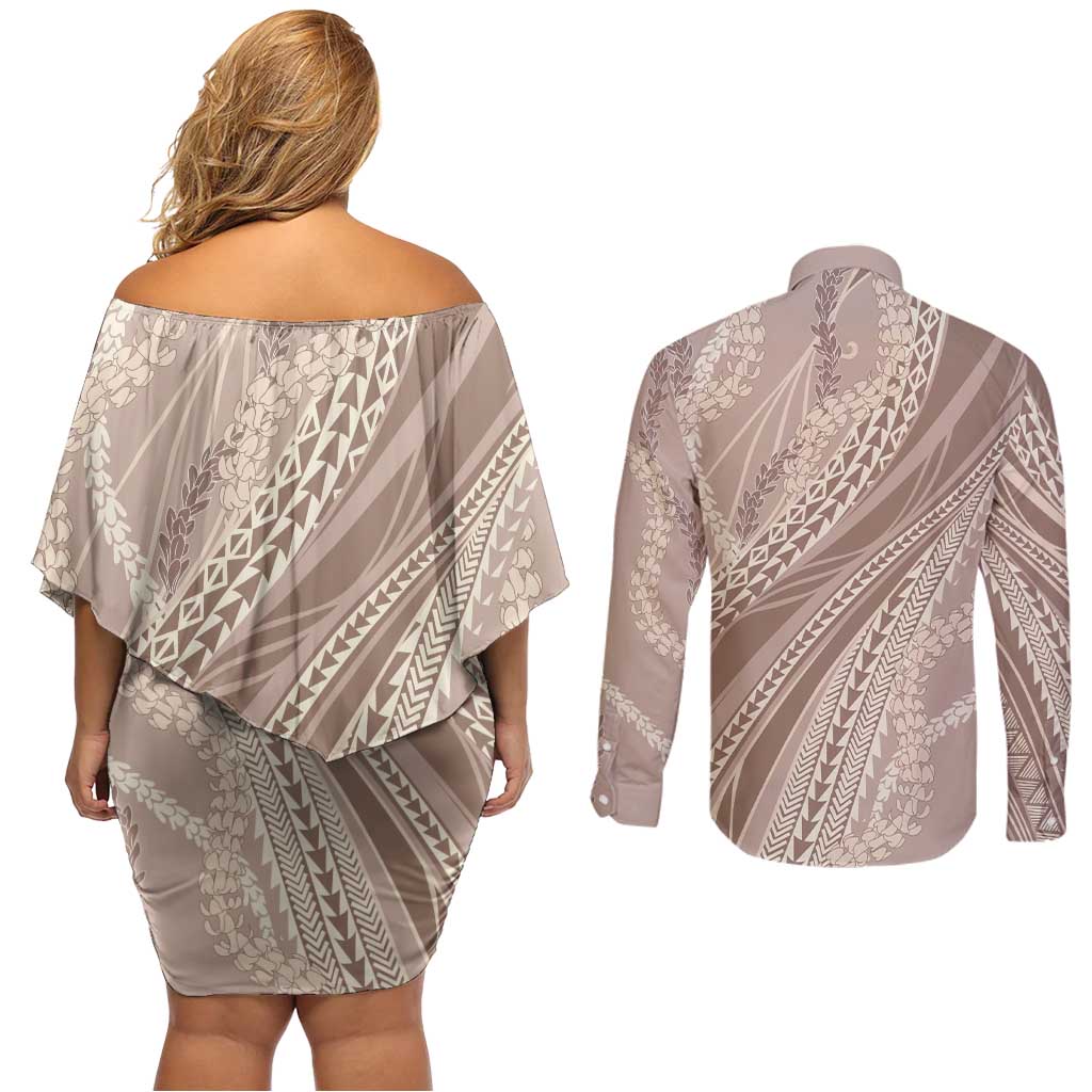 Polynesian Puakeniken Pikake Twisted Lei Couples Matching Off Shoulder Short Dress and Long Sleeve Button Shirt Beige LT7 - Polynesian Pride