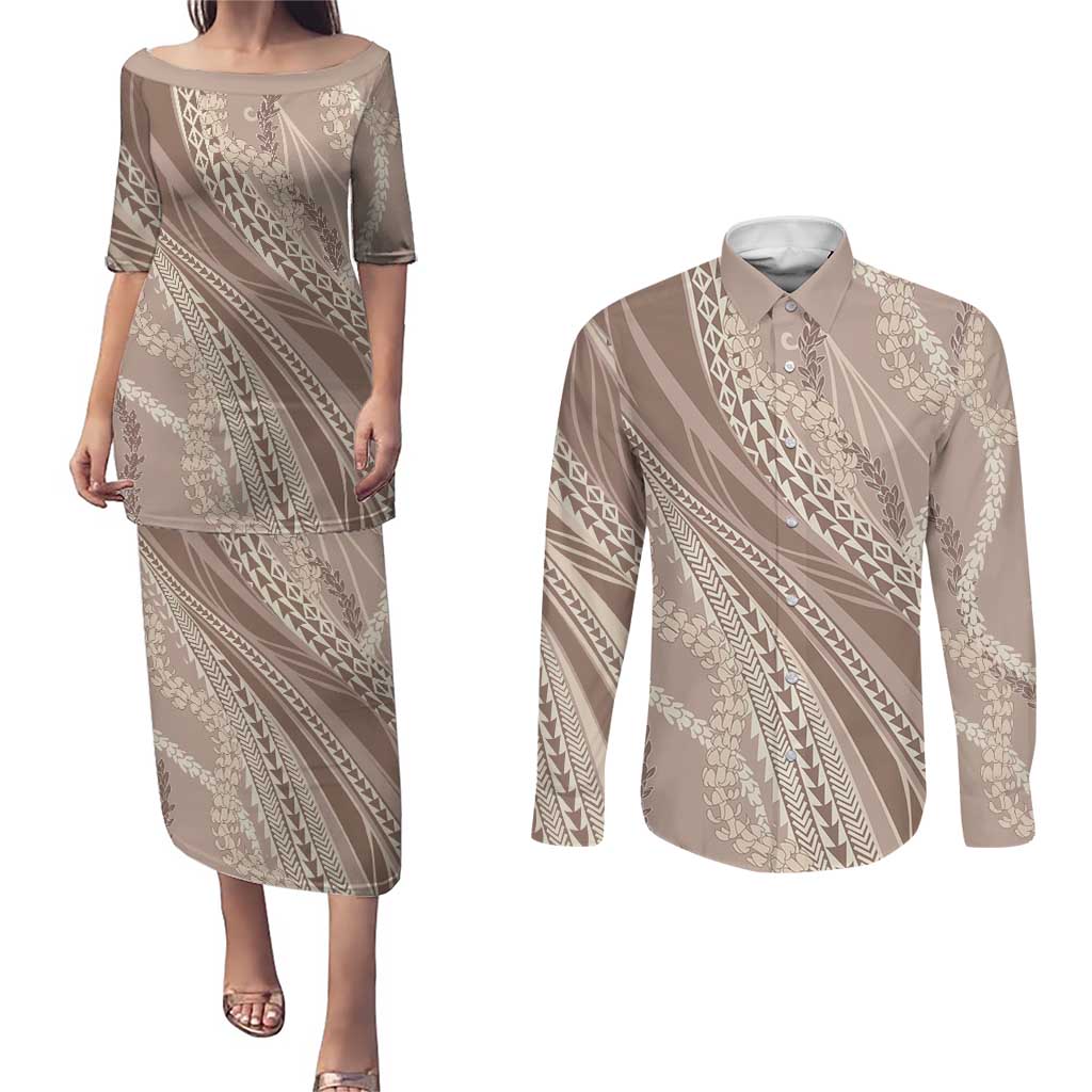 Polynesian Puakeniken Pikake Twisted Lei Couples Matching Puletasi and Long Sleeve Button Shirt Beige - Polynesian Pride