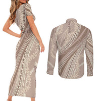 Polynesian Puakeniken Pikake Twisted Lei Couples Matching Short Sleeve Bodycon Dress and Long Sleeve Button Shirt Beige LT7 - Polynesian Pride