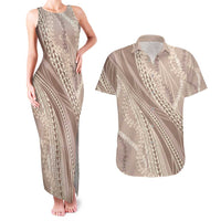 Polynesian Puakeniken Pikake Twisted Lei Couples Matching Tank Maxi Dress and Hawaiian Shirt Beige - Polynesian Pride