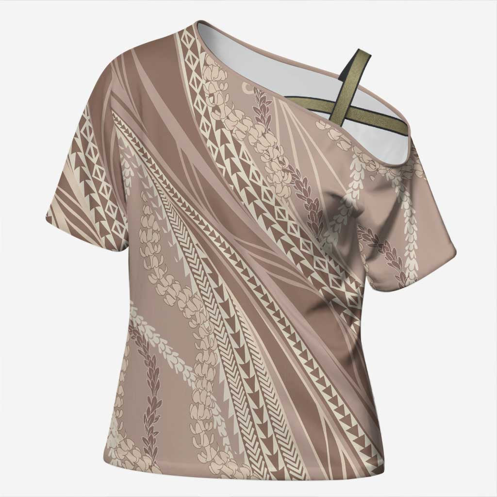 Polynesian Puakeniken Pikake Twisted Lei Cross Shoulder Shirt Beige LT7 Female Beige - Polynesian Pride