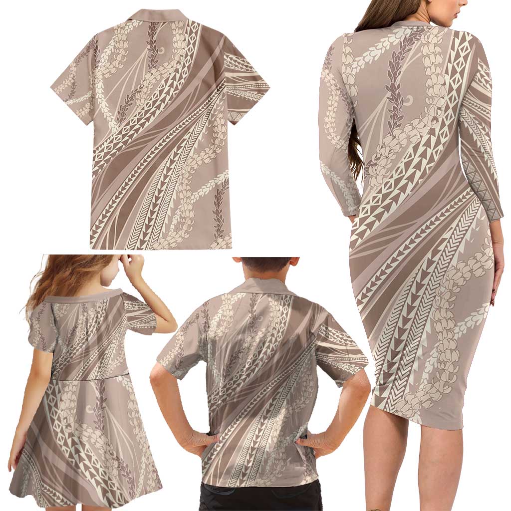 Polynesian Puakeniken Pikake Twisted Lei Family Matching Long Sleeve Bodycon Dress and Hawaiian Shirt Beige - Polynesian Pride
