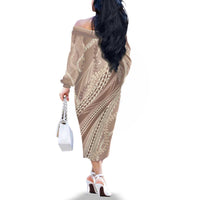 Polynesian Puakeniken Pikake Twisted Lei Family Matching Off The Shoulder Long Sleeve Dress and Hawaiian Shirt Beige - Polynesian Pride