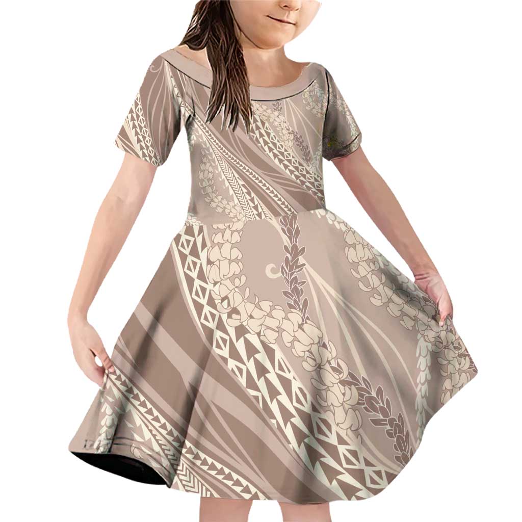 Polynesian Puakeniken Pikake Twisted Lei Family Matching Off Shoulder Short Dress and Hawaiian Shirt Beige - Polynesian Pride