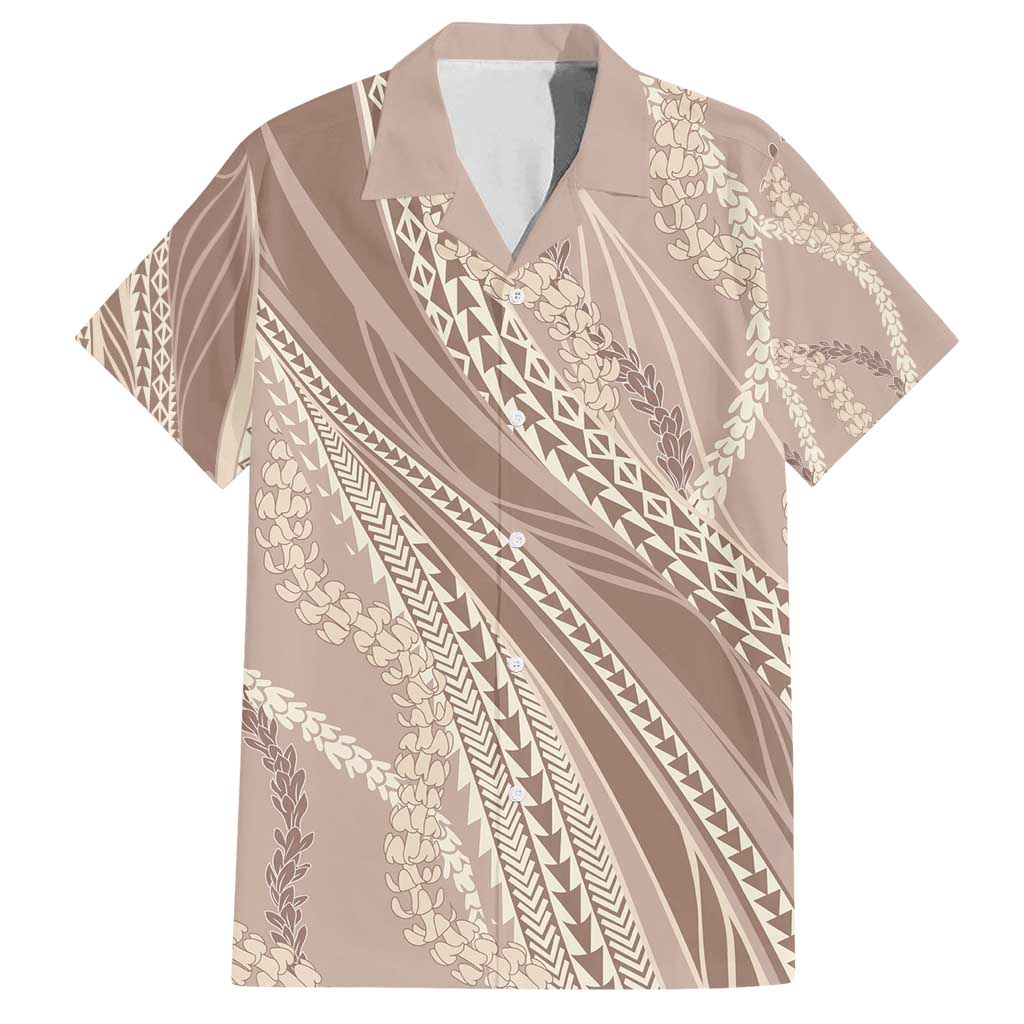Polynesian Puakeniken Pikake Twisted Lei Family Matching Off Shoulder Short Dress and Hawaiian Shirt Beige - Polynesian Pride