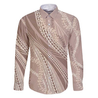 Polynesian Puakeniken Pikake Twisted Lei Family Matching Off Shoulder Short Dress and Hawaiian Shirt Beige - Polynesian Pride