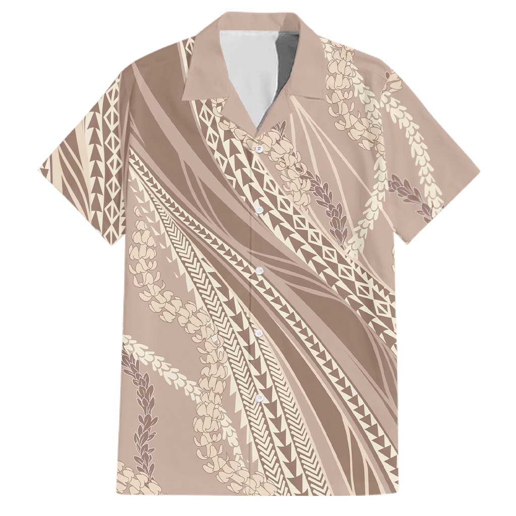Polynesian Puakeniken Pikake Twisted Lei Family Matching Puletasi and Hawaiian Shirt Beige LT7 Dad's Shirt - Short Sleeve Beige - Polynesian Pride