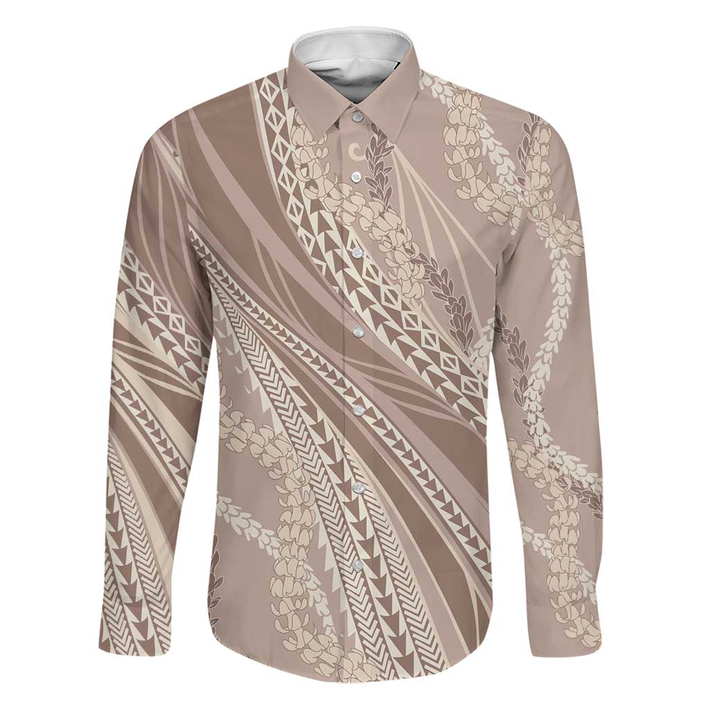 Polynesian Puakeniken Pikake Twisted Lei Family Matching Puletasi and Hawaiian Shirt Beige LT7 Dad's Shirt - Long Sleeve Beige - Polynesian Pride