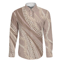 Polynesian Puakeniken Pikake Twisted Lei Family Matching Puletasi and Hawaiian Shirt Beige LT7 Dad's Shirt - Long Sleeve Beige - Polynesian Pride