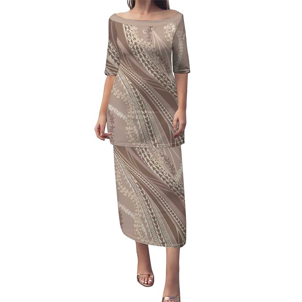 Polynesian Puakeniken Pikake Twisted Lei Family Matching Puletasi and Hawaiian Shirt Beige LT7 Mom's Dress Beige - Polynesian Pride