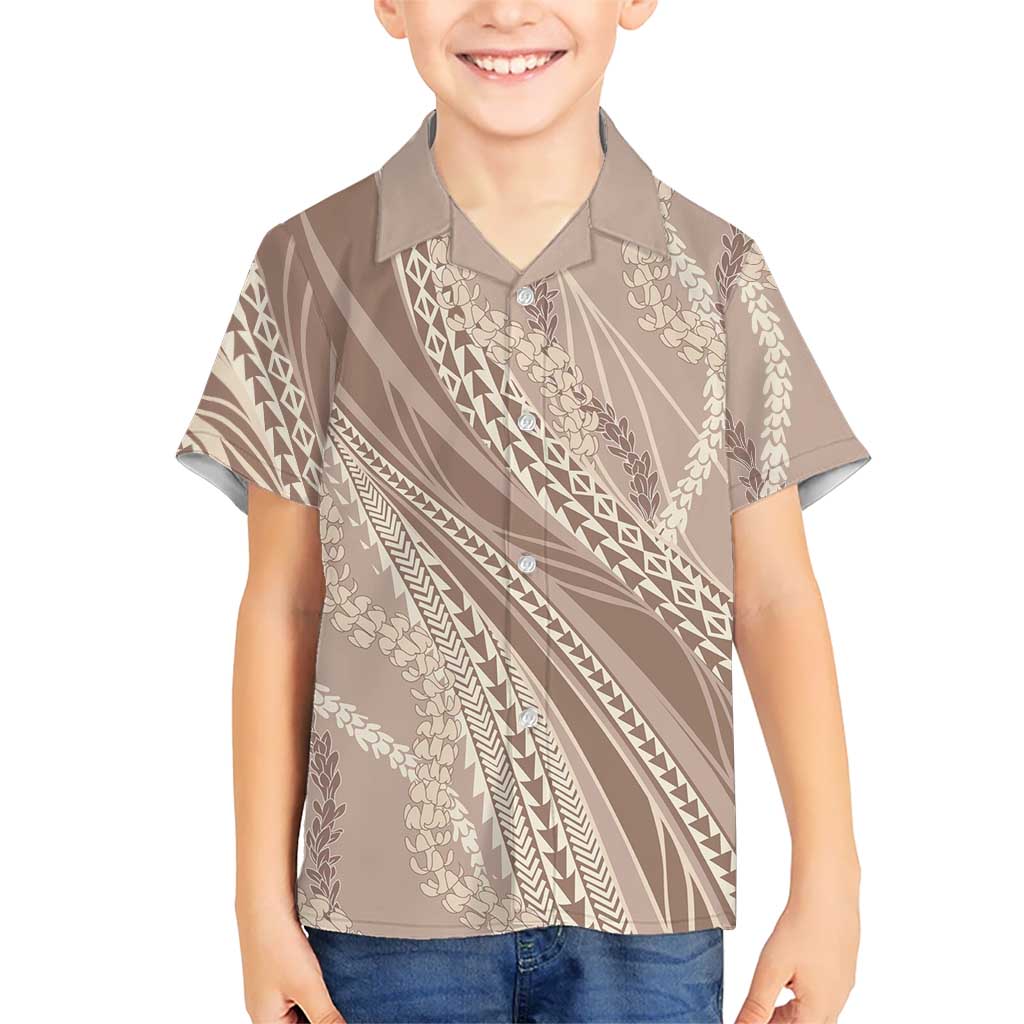 Polynesian Puakeniken Pikake Twisted Lei Family Matching Puletasi and Hawaiian Shirt Beige LT7 Son's Shirt Beige - Polynesian Pride